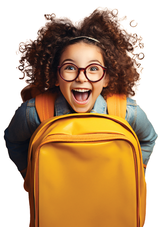 happy girl with glasses wearing a yellow school bag